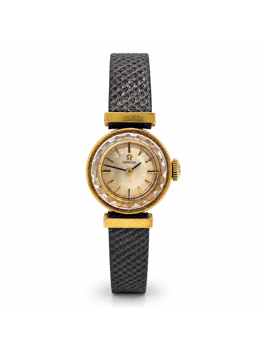 Omega Ladies Saphette 18K Gold Faceted Crystal Watch 1960s